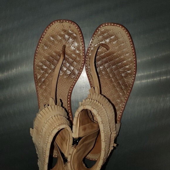 L.A.M.B. Suede Fringe Flat Boho Tan Ankle Strap Side Zip Sandals sz. 7.5 - Picture 5 of 10